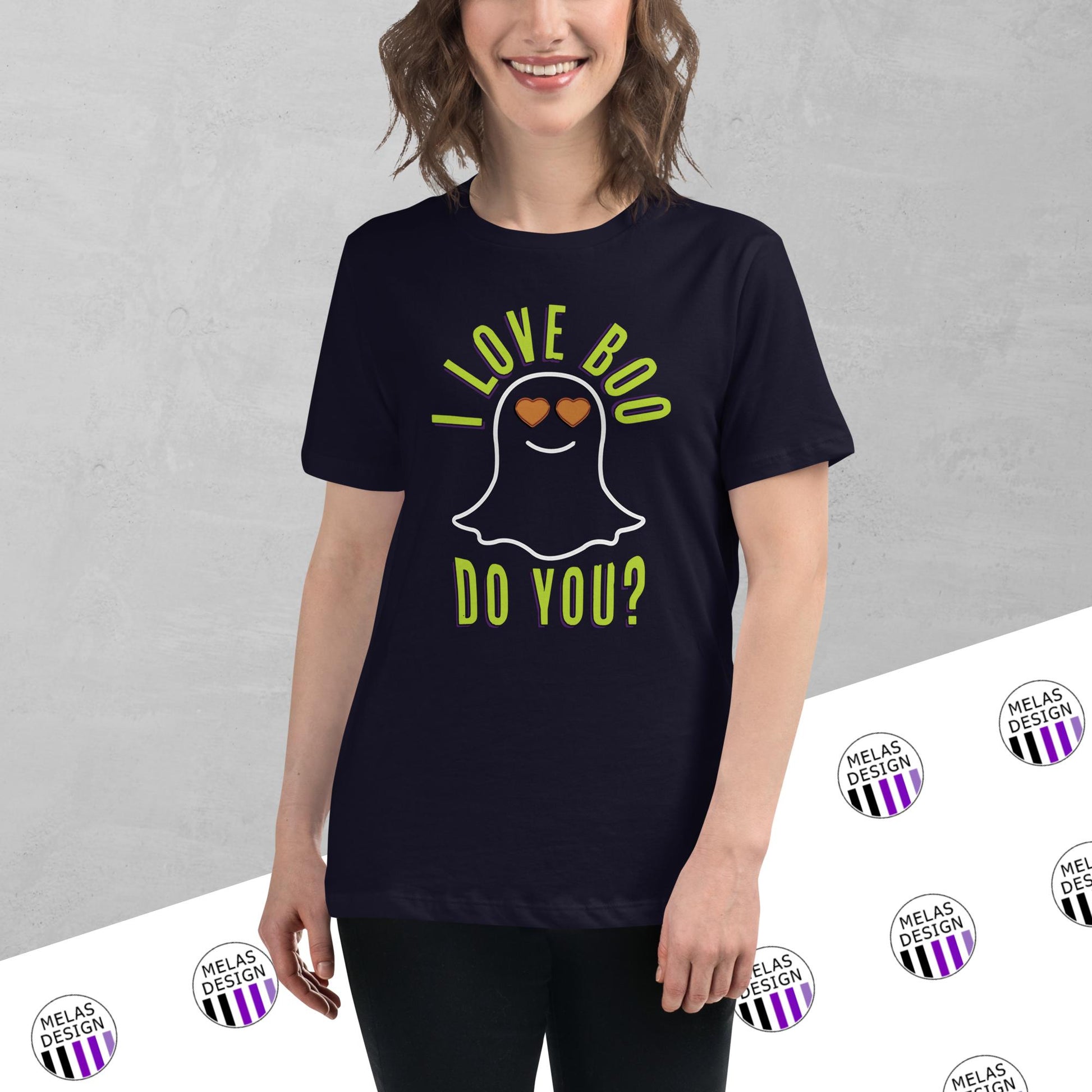 I Love Boo t-shirt; Halloween; Spooky Season; ghost hunt; t-shirt; womens; relaxed fit; Melasdesign; ghost emoji; pun; humor; funny; 