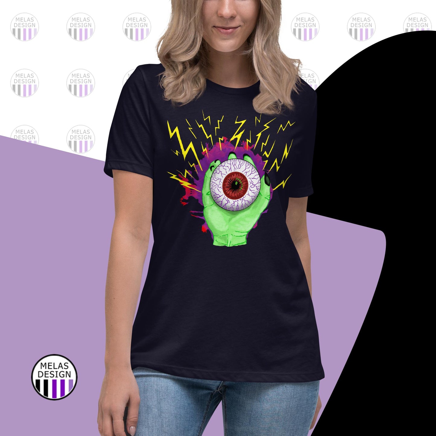 Electric Eye 23 Women's Relaxed T-Shirt; electric eye; gothic; horror; Halloween; womens t-shirt; S-3X; Melasdesign; witchy gothic clothes and cryptid fashion collection; horror; eye hand sparks