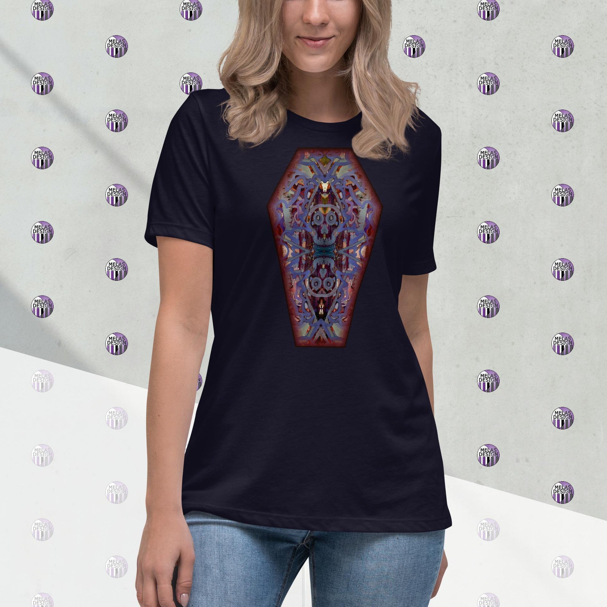 Voodoo Skulls Coffin T-Shirt; Womens Relaxed; Navy; Melasdesign