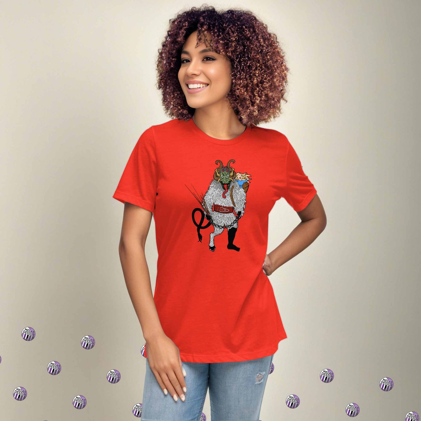 Holiday Cryptid Krampus Women's Relaxed T-Shirt; Melasdesign; Krampus t-shirt; womens; red; fashion; holiday; style; cryptid; Small business; gift idea; S-3X