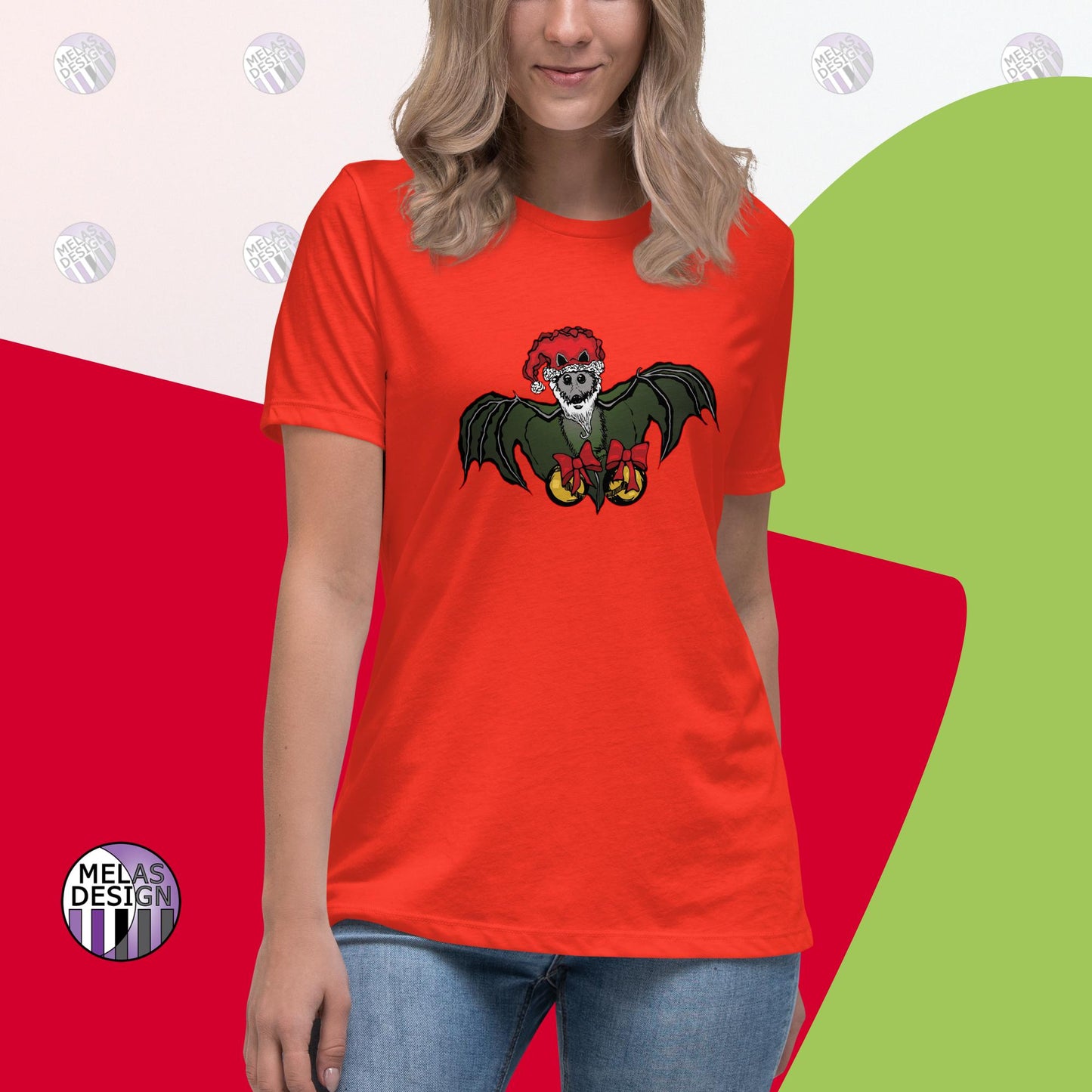 Batty Holidays Santa Bat T-Shirt Women's Relaxed; poppy