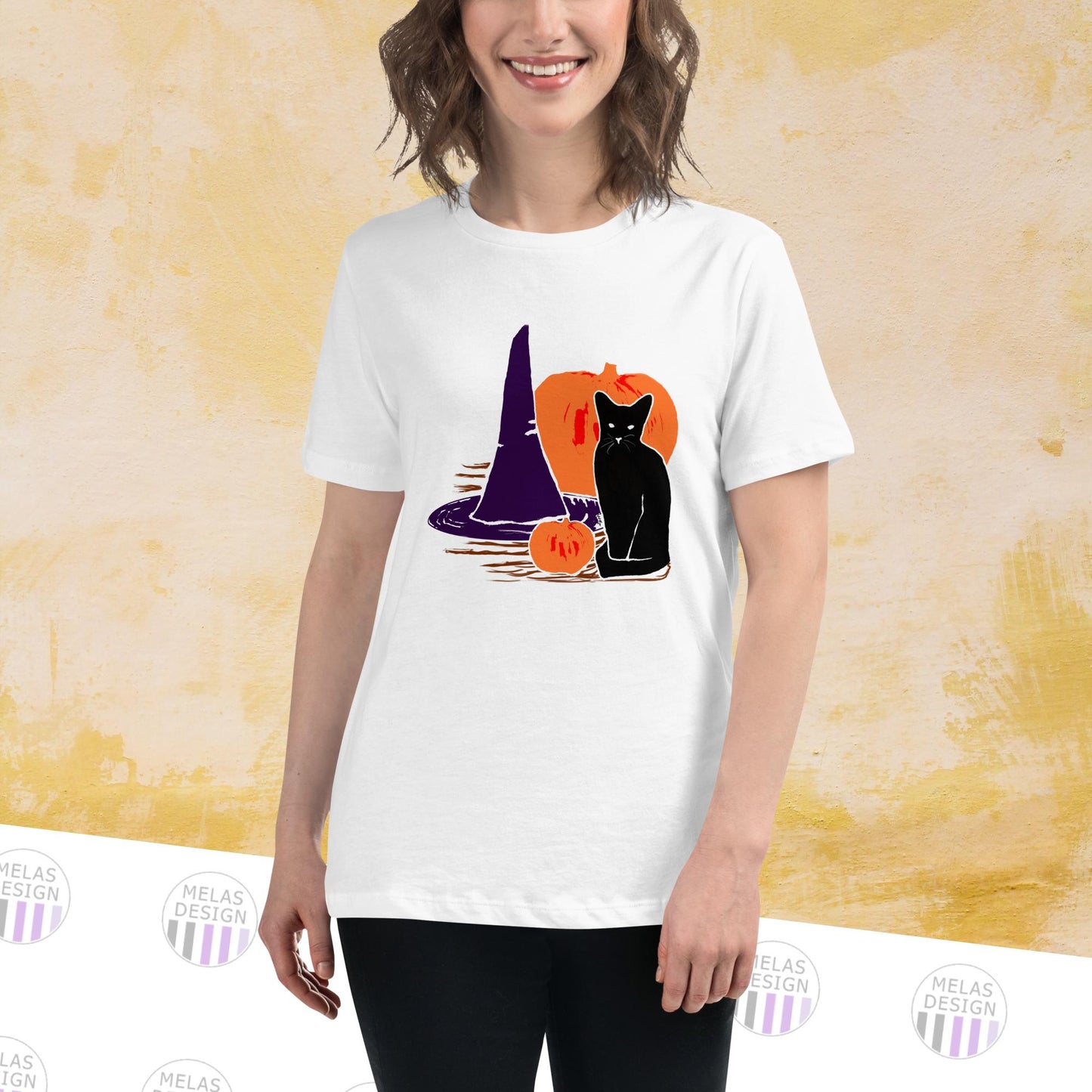 Witch Cat Pumpkin Women's Relaxed T-Shirt; Melasdesign; fashion; Halloween; Spooky Season; women's; plus size; small business; cute