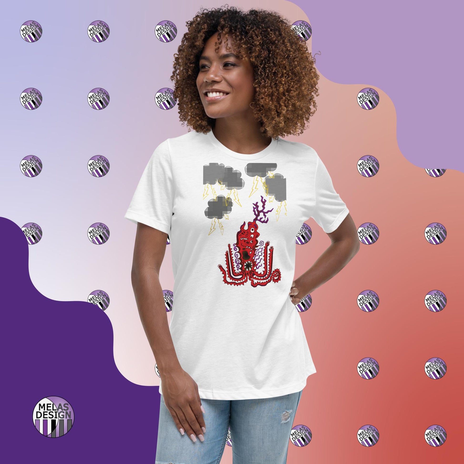 Stormy Red Monster; Cryptid; Women's; Relaxed T-Shirt; Melasdesign; cute; monster; tentacles; many eyes; sharp teeth; storm clouds; cartoon style; anime style; alternative fashion; funny; S-3XL; sold by artist