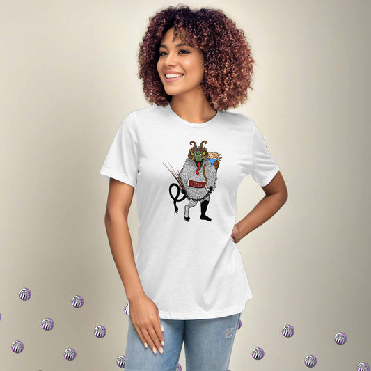 Holiday Cryptid Krampus Women's Relaxed T-Shirt; Melasdesign; Krampus t-shirt; white; womens; fashion; holiday; style; cryptid; Small business; gift idea; S-3X