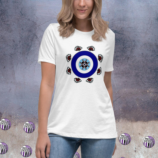 Evil Eye Mandala Women's Relaxed T-Shirt; white; Product mockup on female model