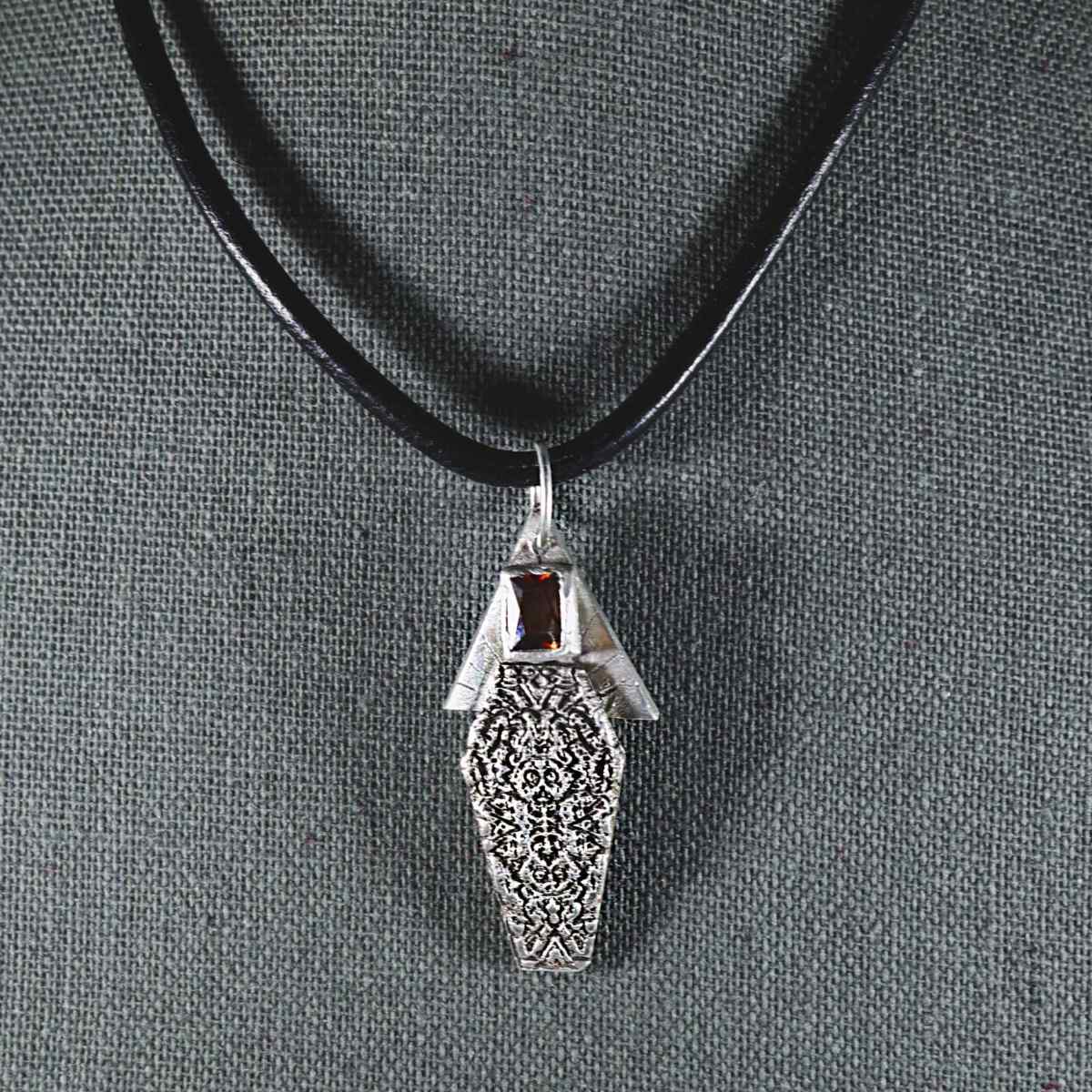 Coffin pendant; coffin necklace; sterling silver; garnet; handmade; one of a kind; gothic