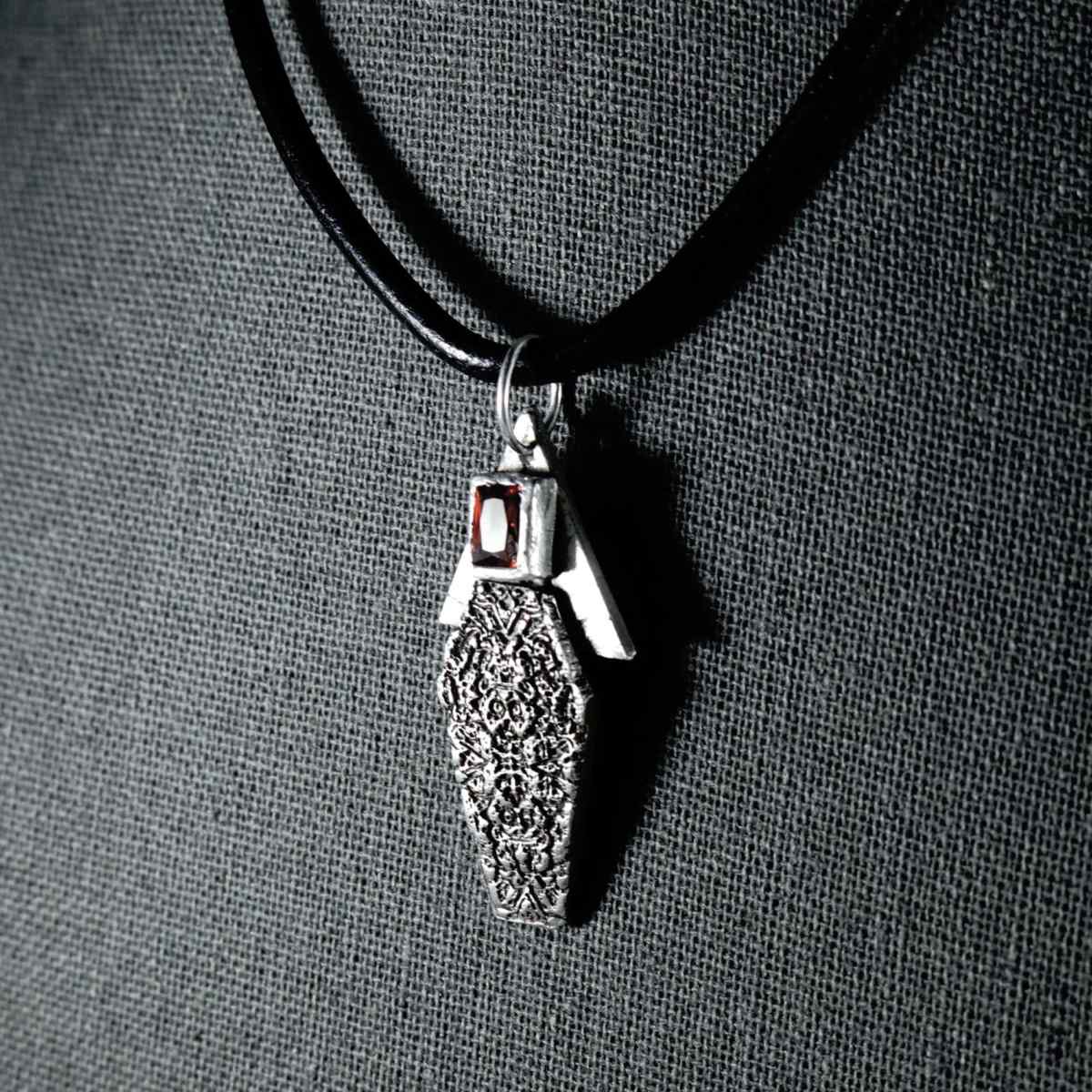 garnet coffin pendant; handmade; gothic accessories; sterling silver