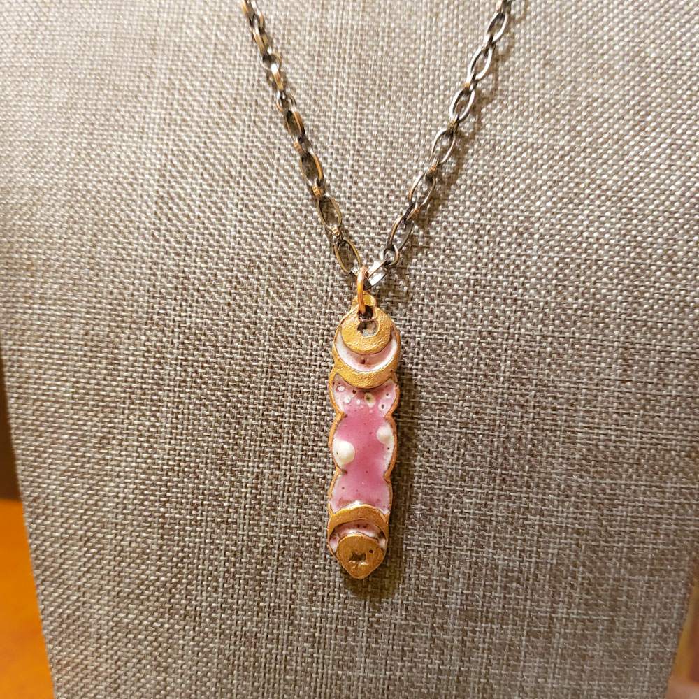 handmade copper jewelry; enamel; pink white; cherry moon phase pendant; moon necklace