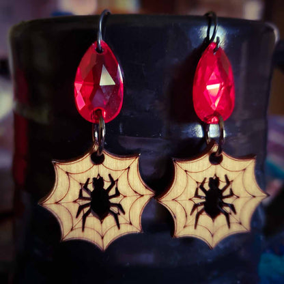 spider web red crystal earrings; Melasdesign Handmade Darkness; gothic jewelry; Thomas WV
