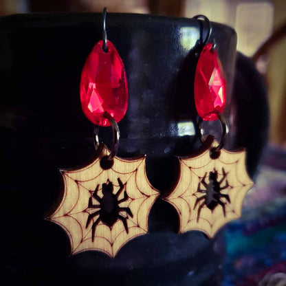 Spiderweb Red Teardrop Crystal Earrings