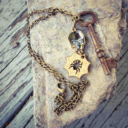 authentic skeleton key necklace; gothic crystal necklace; Halloween necklace; bronze; Melasdesign
