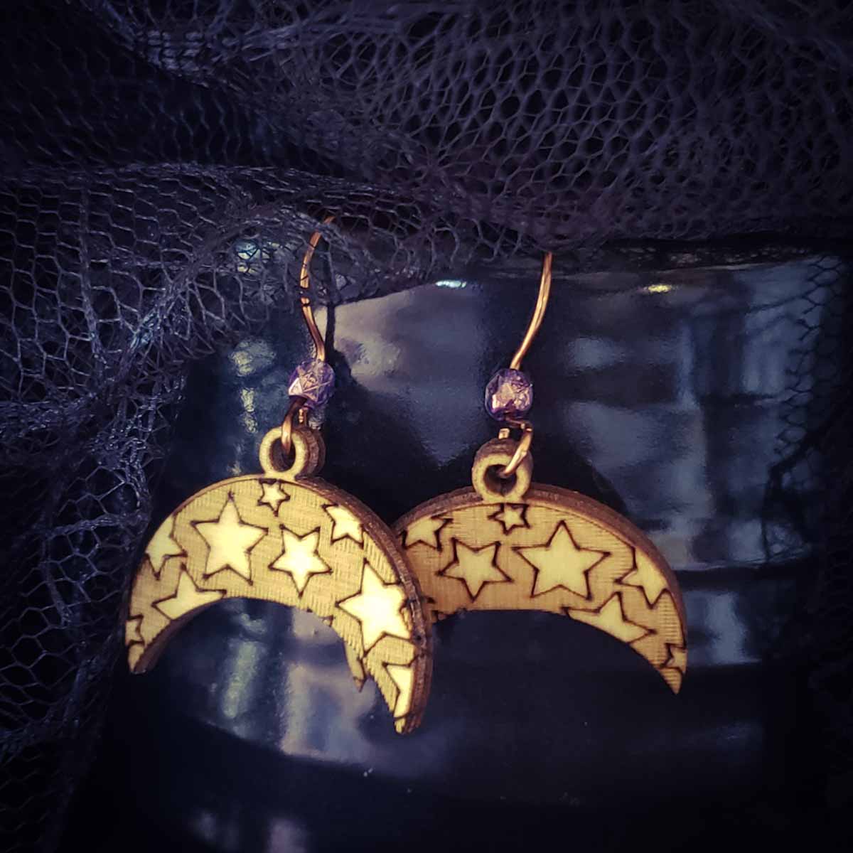 crescent moon earrings; moon and stars earrings; witchy jewelry; thomas wv; Melasdesign Handmade Shop; wood moon earrings;