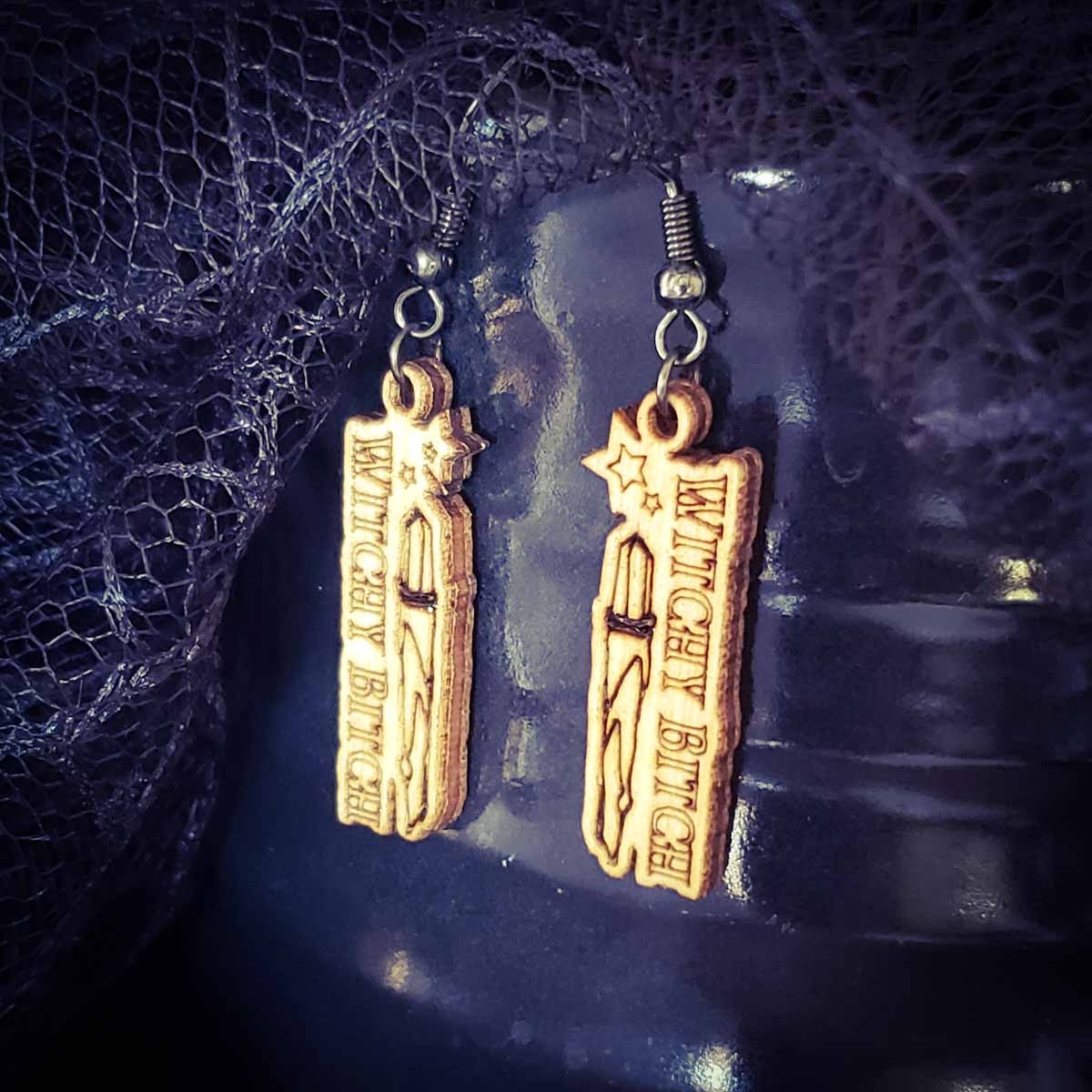 witchy bitch earrings; fun witchy earrings; witchy jewelry; cheap gothic jewelry; Melasdesign