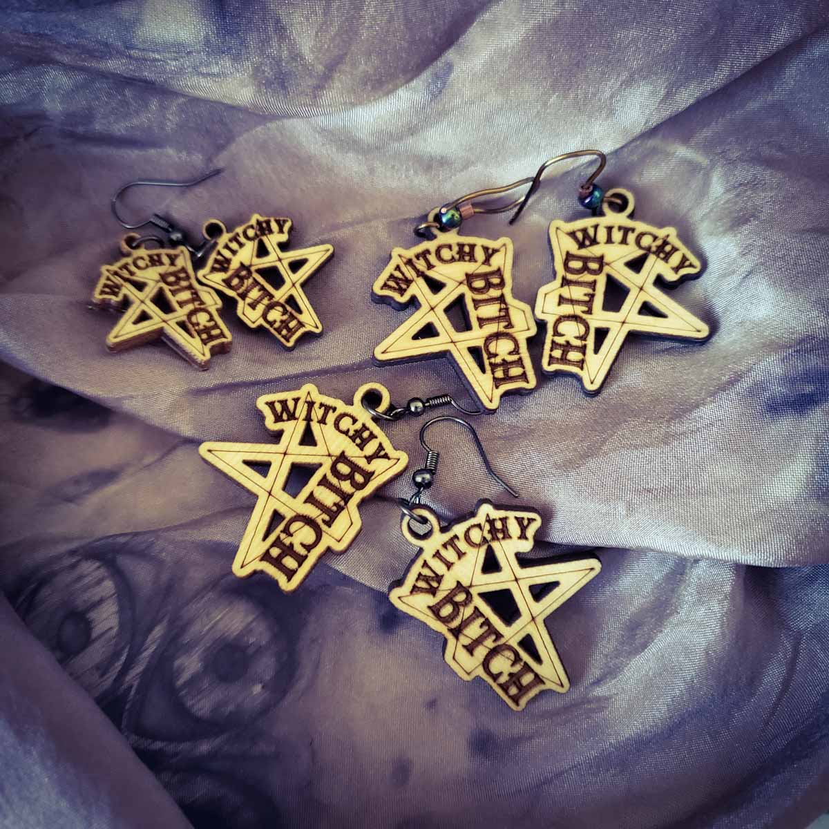 witchy bitch earrings; pentagram earrings; Melasdesign Handmade Darkness; witchy jewelry; gift for witches