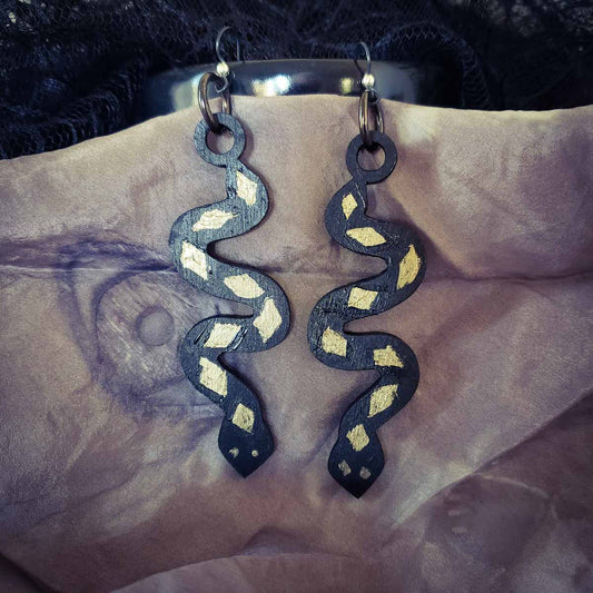 Large Diamondback Snake Earrings in Black and Bronze; occult; Melasdesign Handmade Darkness; hand painted; witchy