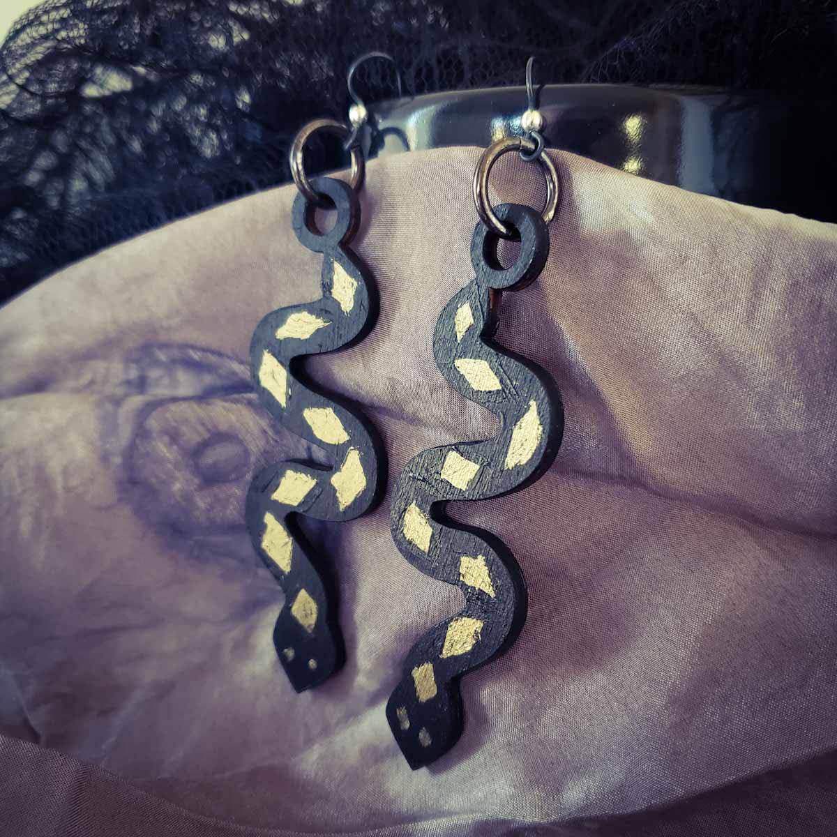 Large Diamondback Snake Earrings in Black and Bronze; earrings made in wv; west virginia artist; alternative gift idea