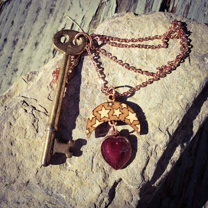 heart moon skeleton key necklace; handmade artisan jewelry; moon stars jewelry; romantic gift; unique gift