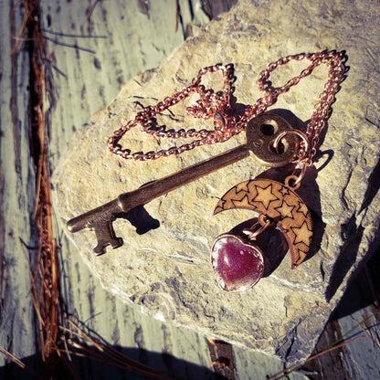 Skeleton key necklace; eclectic charm necklce; Thomas WV; Melasdesign; witchy jewelry; gothic jewelry; authentic skeleton key jewelry; enamel heart