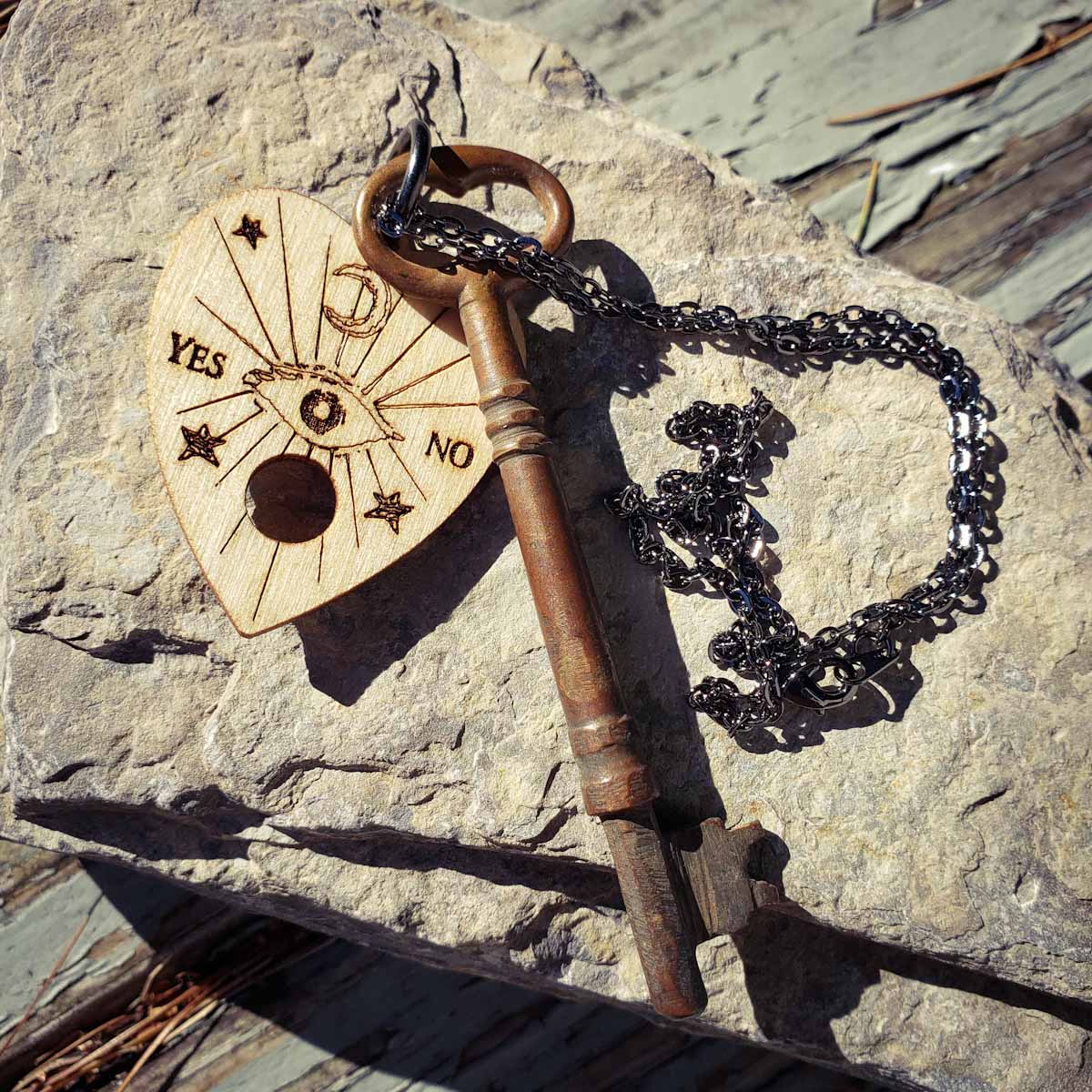 Ouija Board Planchette Skeleton Key Necklace; gothic jewelry; one of a kind; witchy jewelry; occult jewelry; witchy necklace; gothic necklace