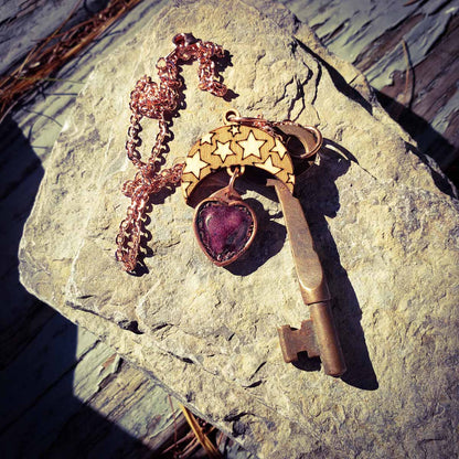 Skeleton Key Crescent Moon and Enameled Heart Necklace; skeleton key; necklace; jewelry; Melasdesign Handmade Darkness; crescent moon necklace; handmade jewelry
