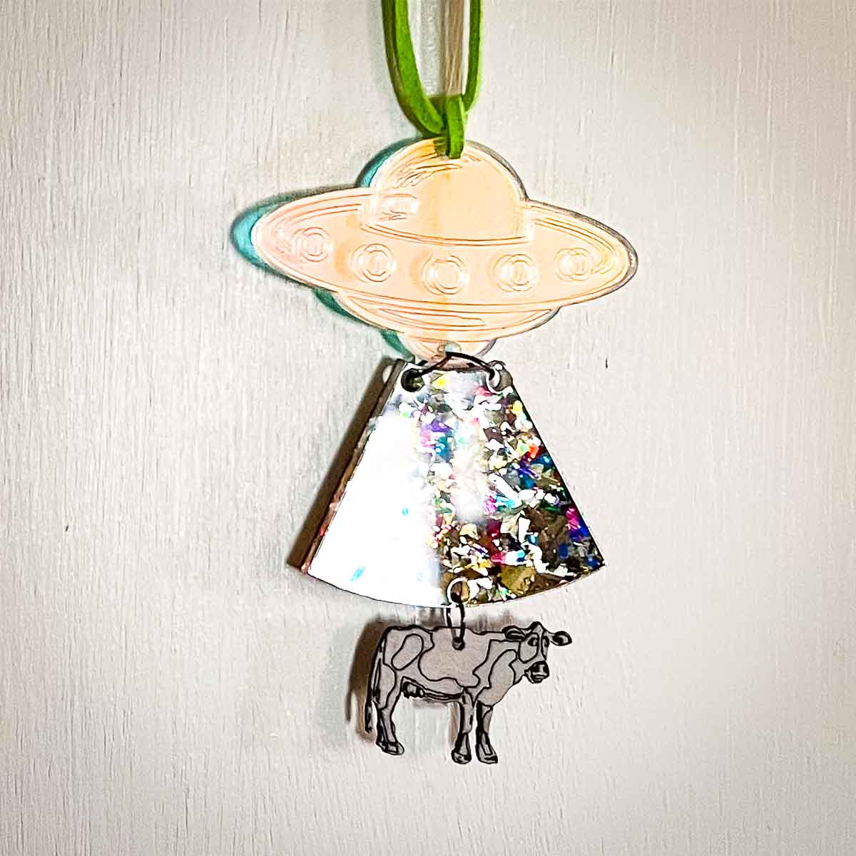 UFO Cow Abduction Hanging Decor Ornament Tinsel