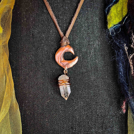 Crescent Moon Charm in Copper with Quartz Point Pendant; charm; amulet; jewelry; crystal; charged; Melasdesign Handmade; copper; one of a kind; 