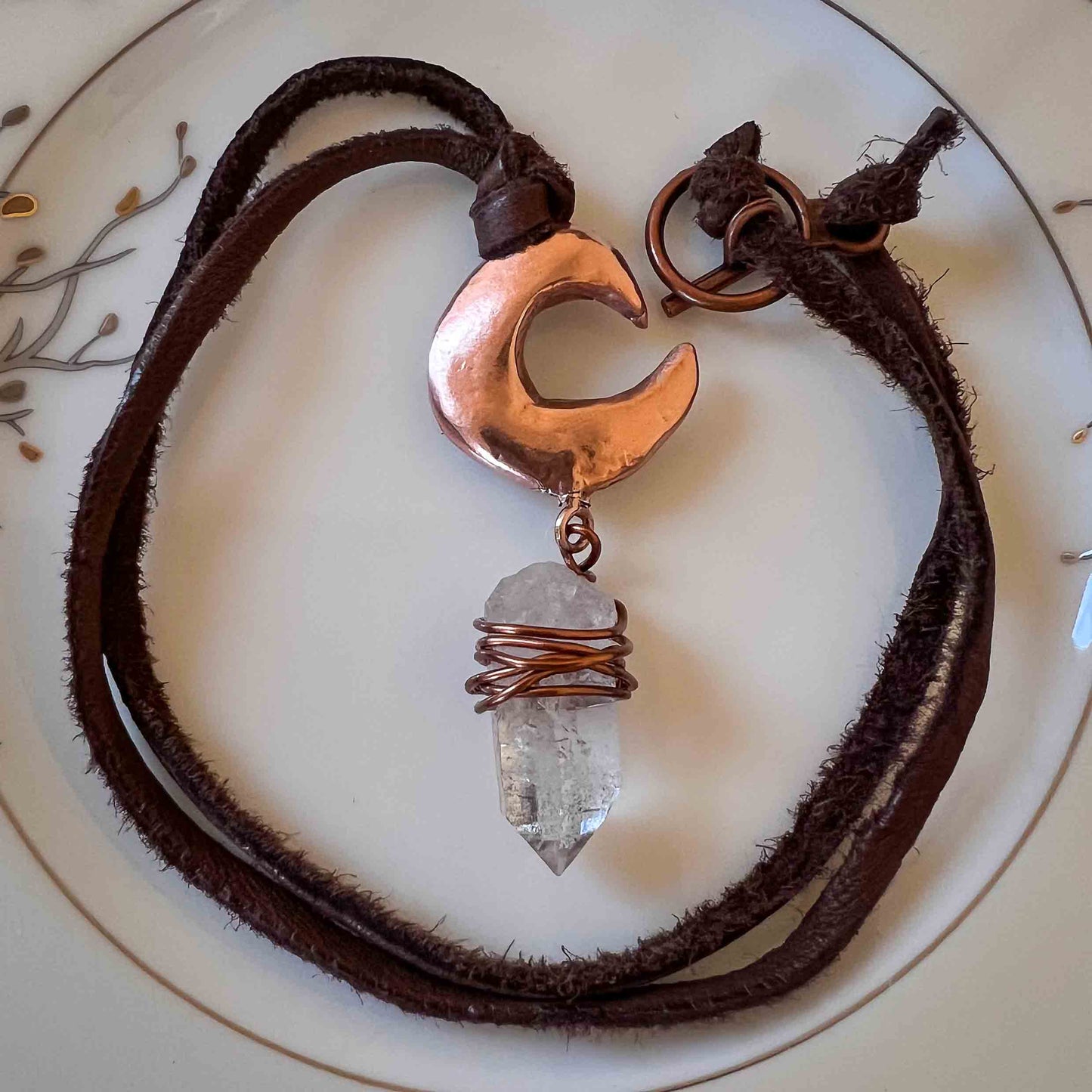 waxing moon; necklace; on leather cord; copper; quartz crystal; amulet; moon water charged; witchy; gothic