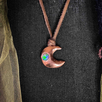 Crescent Moon Charm in Copper with Pink Lady Cultured Opal