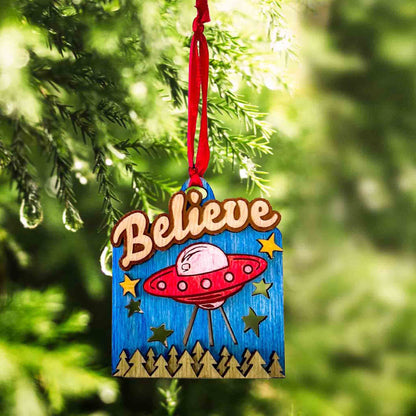 Believe UFO Holiday Hanging Decor Ornament; Believe UFO ornament; UFO ornament; alternative holiday decor; sci-fi gift; Cryptid Collection; Melasdesign Handmade Shop; believe holiday ornament; holiday hanging decor; funny christmas ornament; Melasdesign Handmade; Thomas WV