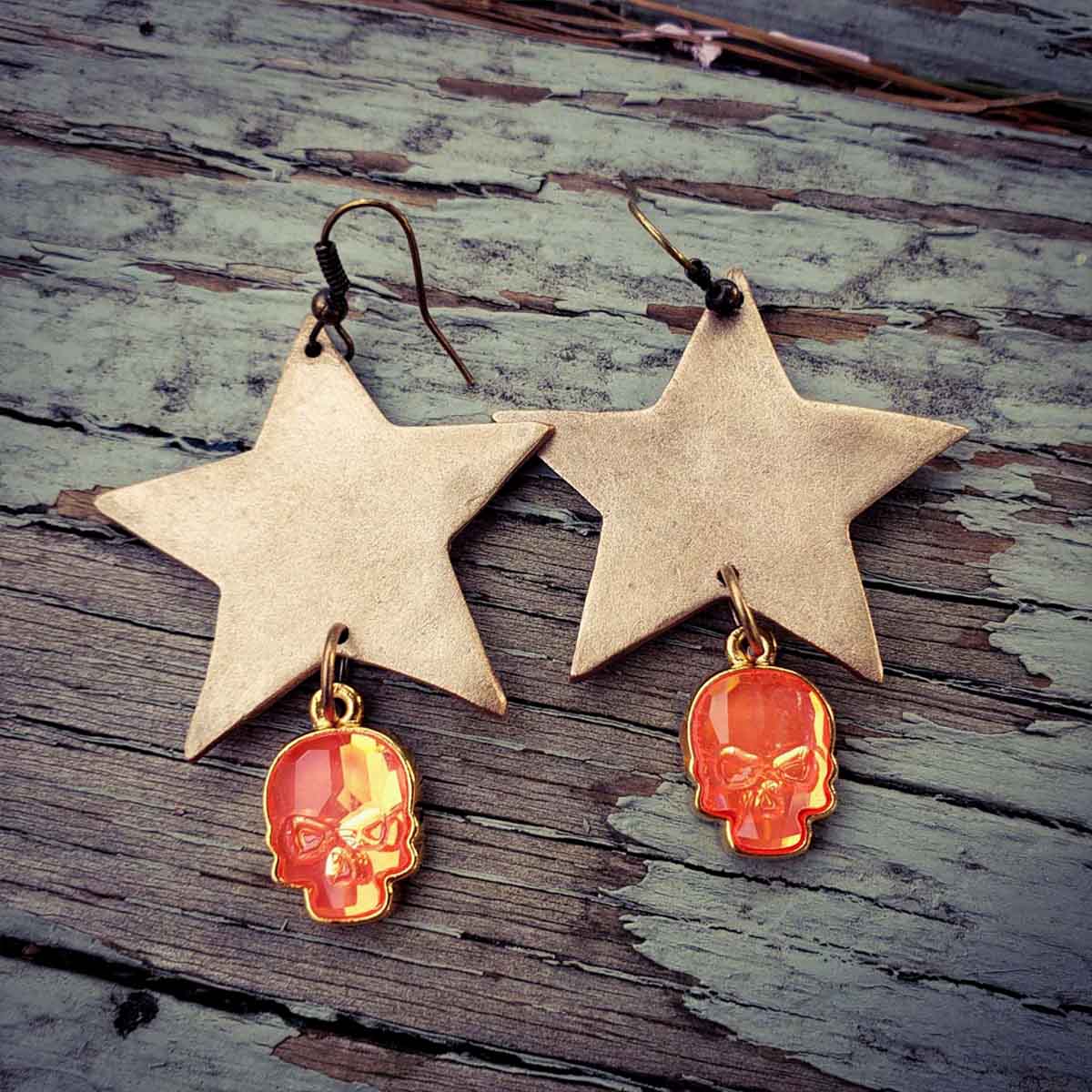 Chunky Bronze Star Crystal Skull Earrings in Fire Orange