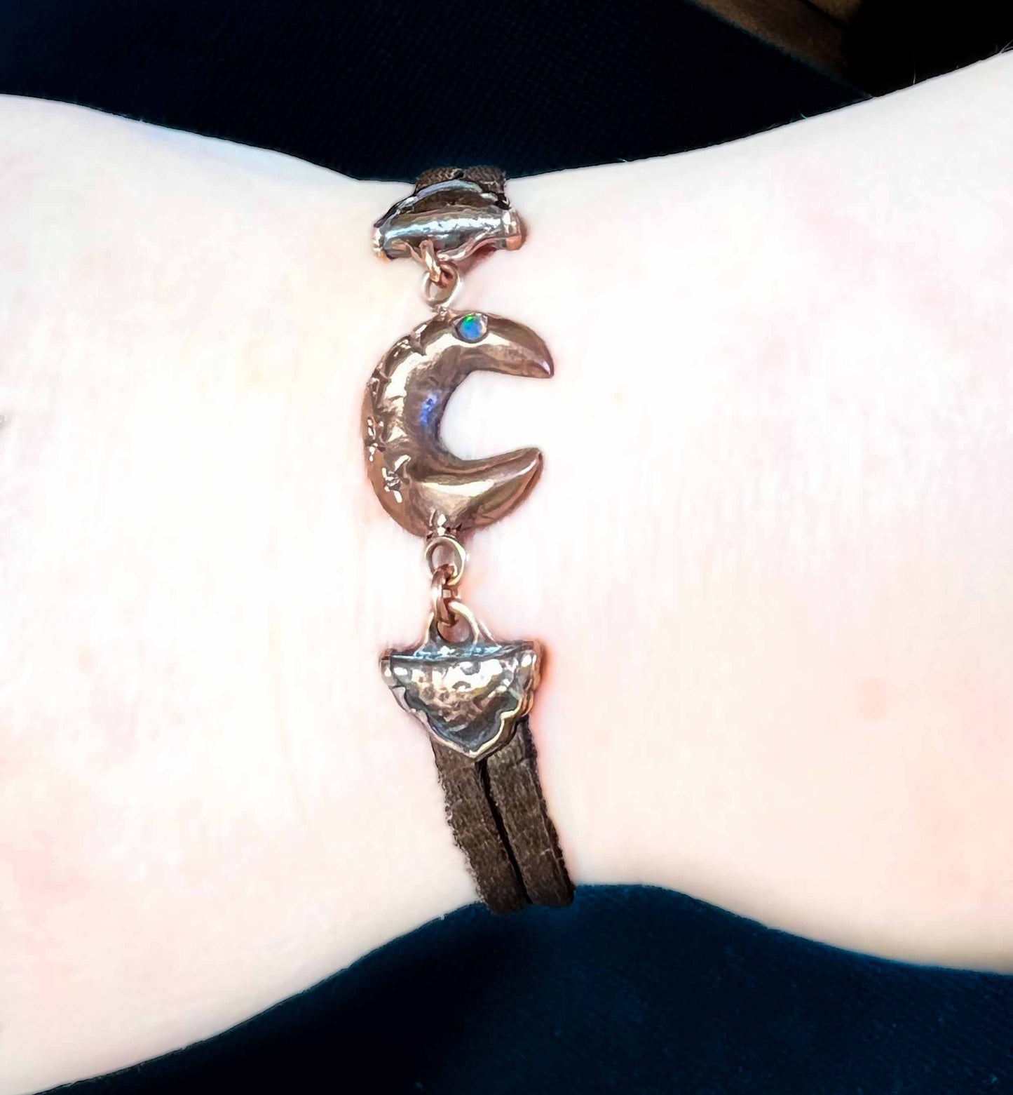 Crescent Moon and Stars Amulet Bracelet in Copper with Accent Cultured Opal