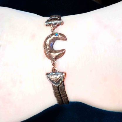 Crescent Moon and Stars Amulet Bracelet in Copper with Accent Cultured Opal