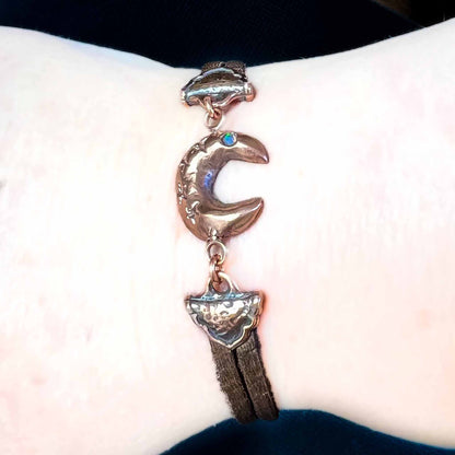 Crescent Moon and Stars Amulet Bracelet in Copper with Accent Cultured Opal