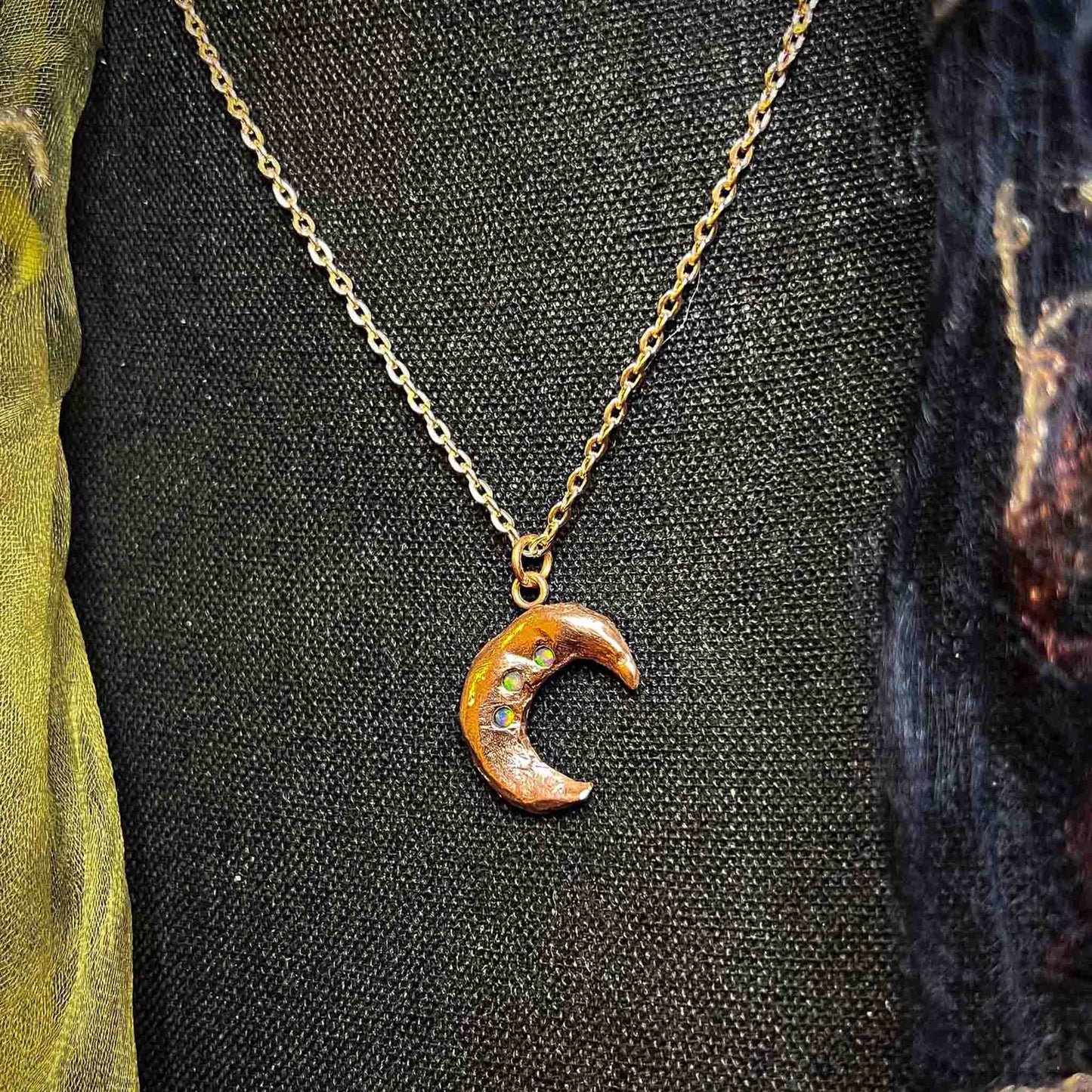 Small Crescent Moon Charm in Copper with Accent Opals