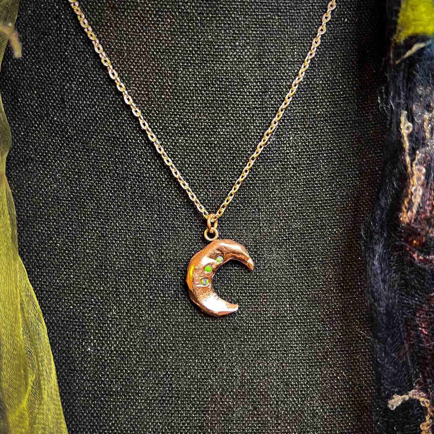 Small Crescent Moon Charm in Copper with Accent Opals