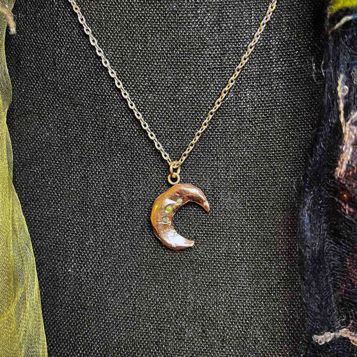 Small Crescent Moon Charm in Copper with Accent Opals