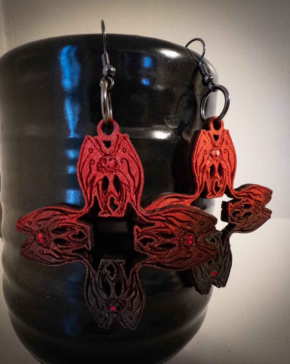 Mothman Cryptid Earrings in Red to Black; mothman pattern earrings; Melasdesign Handmade Darkness; Cryptid Collection; cryptid earrings; Mothman earrings; Mothman jewelry; made in West Virginia
