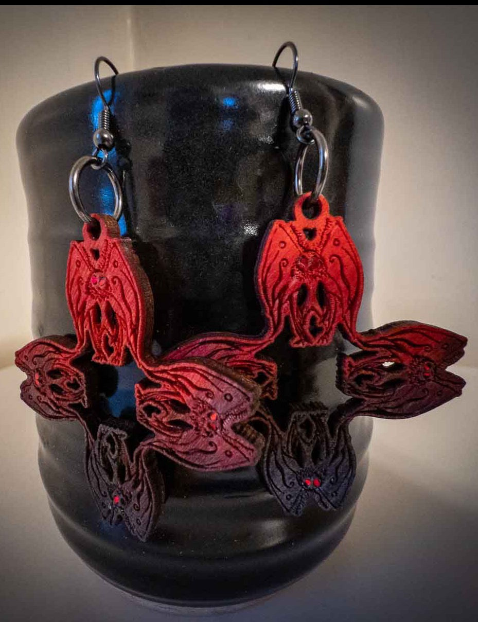Mothman Cryptid Earrings; dyed; ombre; red Black; mothman pattern earrings; Melasdesign Handmade Darkness; Cryptid Collection; cryptid earrings; Mothman earrings; Mothman jewelry; made in West Virginia