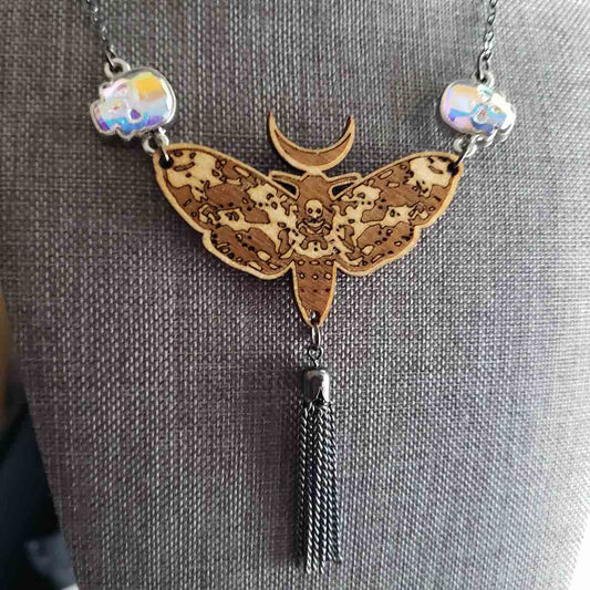 Deaths Head Moth Crescent Moon and Crystal Skulls Necklace