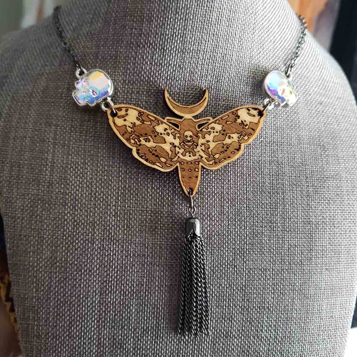 Deaths Head Moth Crescent Moon and Crystal Skulls Necklace