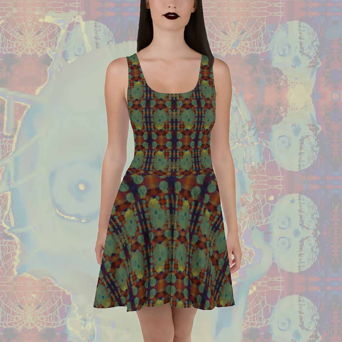 Glowing Skulls Skater Dress; Melasdesign; Witchy Gothic Clothes Collection; goth; alternative; pagan; fashion; witchy; dress; Summer; mini; short