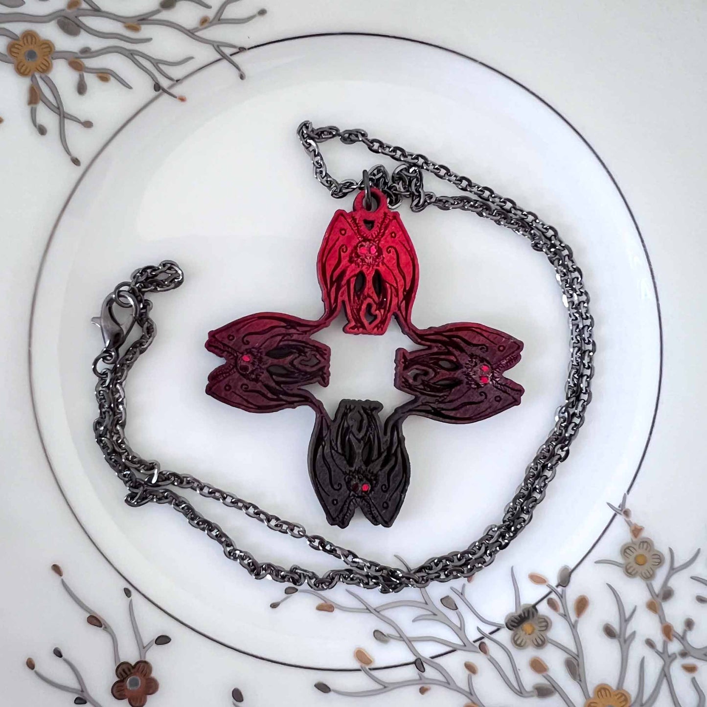 Mothman Necklace in Ombre Red to Black Cryptid Cross