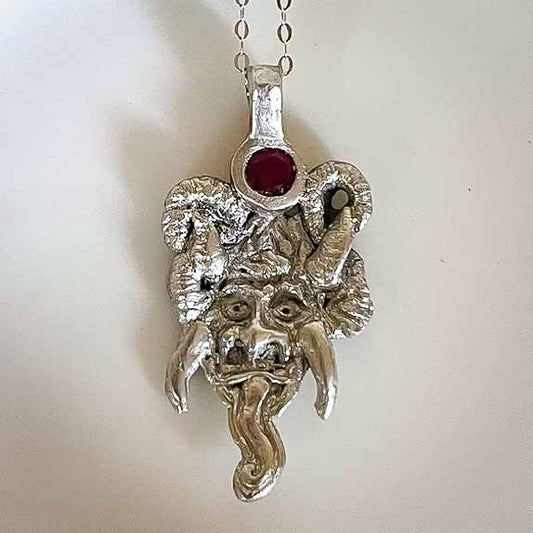 Krampus Pendant Sterling Silver Red CZ; Krampus jewelry; Christmas jewelry; silver; red stone; handmade; one of a kind; Melasdesign Handmade Darkness; alternative; 