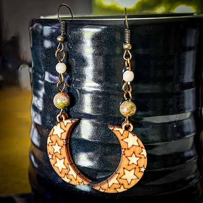 Crescent Moon with Stars Pattern Long Earrings