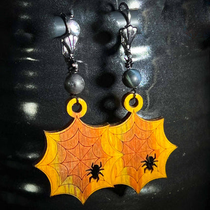 Halloween Spiderweb Earrings Orange Black Tigerseye