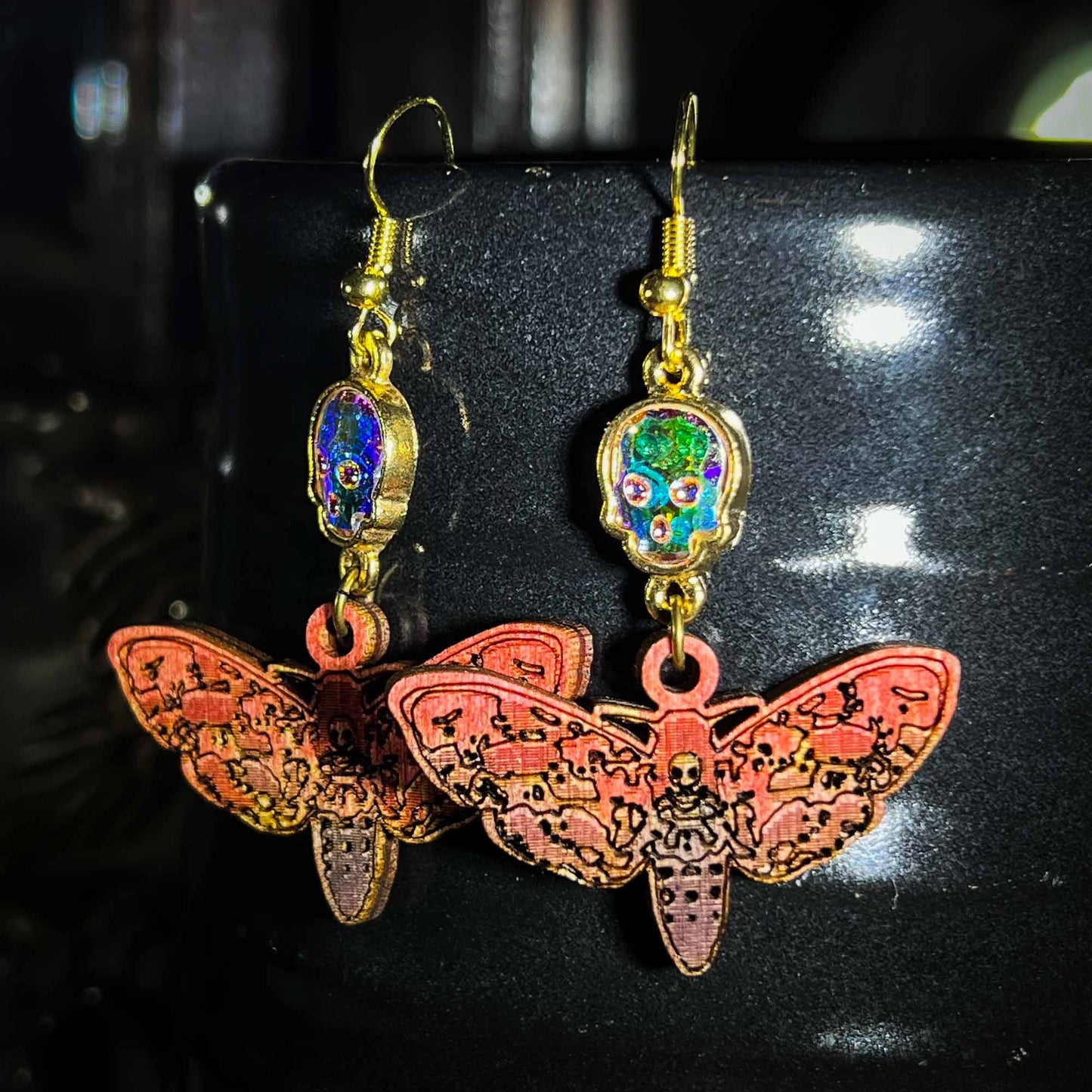 Deaths Head Moth Earrings Rainbow Crystal Skulls