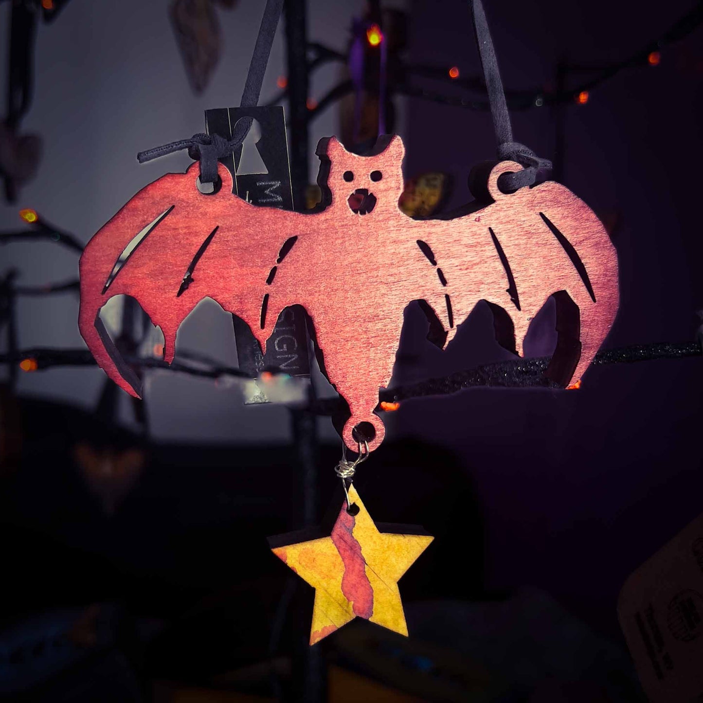 Bat with Moon Primitive Hanging Decor Ornament
