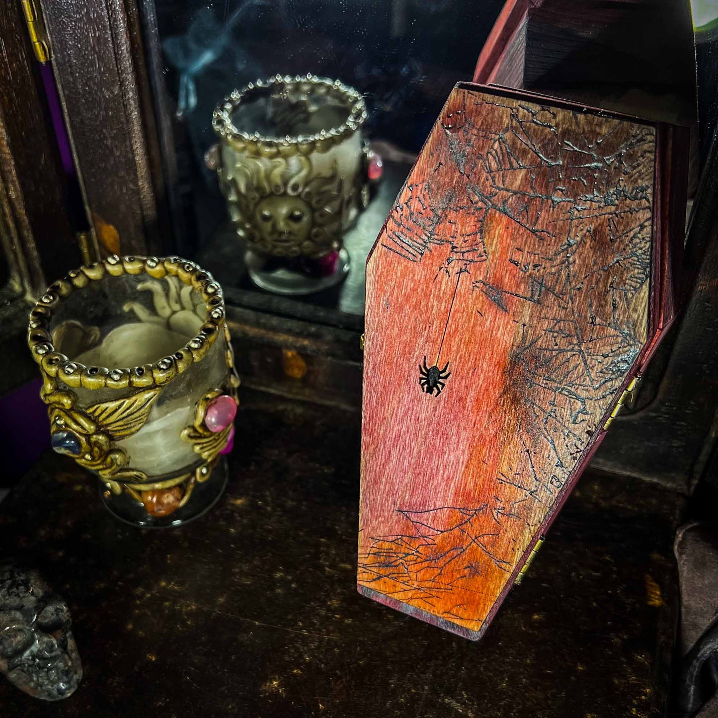 Rustic Gothic Spiderweb Spider Coffin Box Hinged