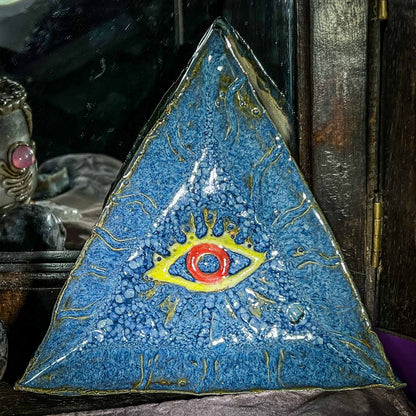 Illuminati Eye Triangle Blue Ceramic Wall Decor; wall art; Melasdesign Handmade; artist Susan Hicks; small format; hand building; hand built; ceramics