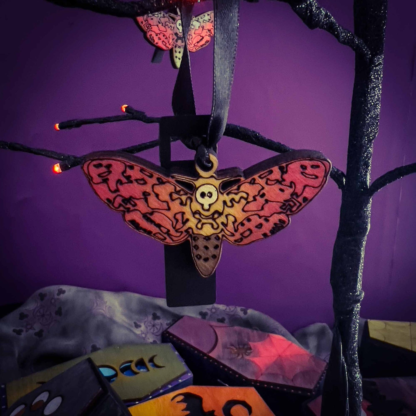 colored wood; deaths head moth; ornament; hanging decor; gothic; witchy; alternative; nature; Melasdesign Handmade; small business; Thomas WV; Halloween